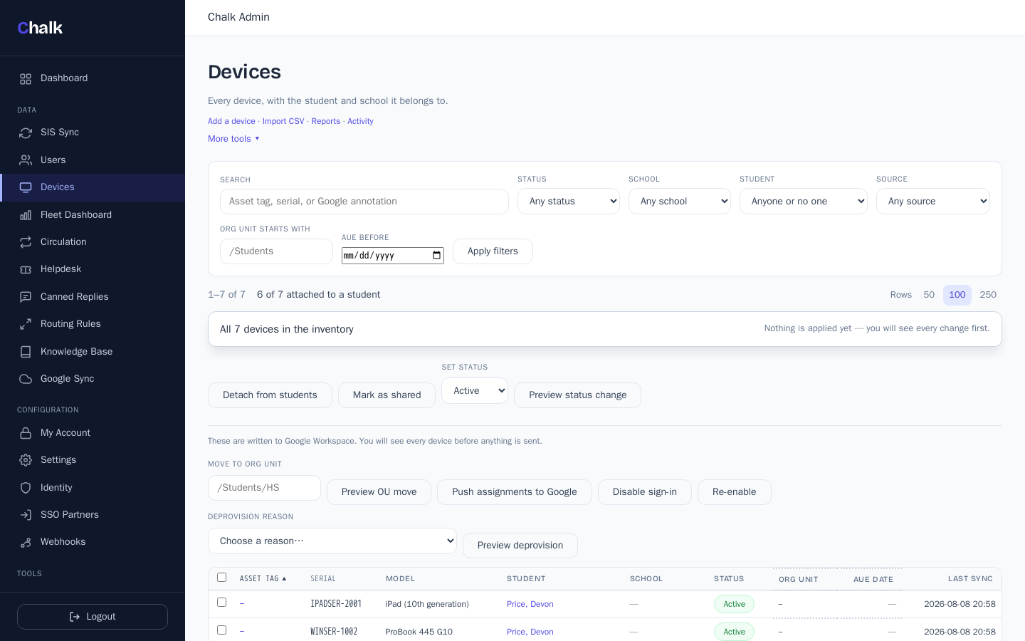 The Chalk device inventory: filters for status, school, student, and source, bulk actions with preview, and a table of devices each attached to a student.