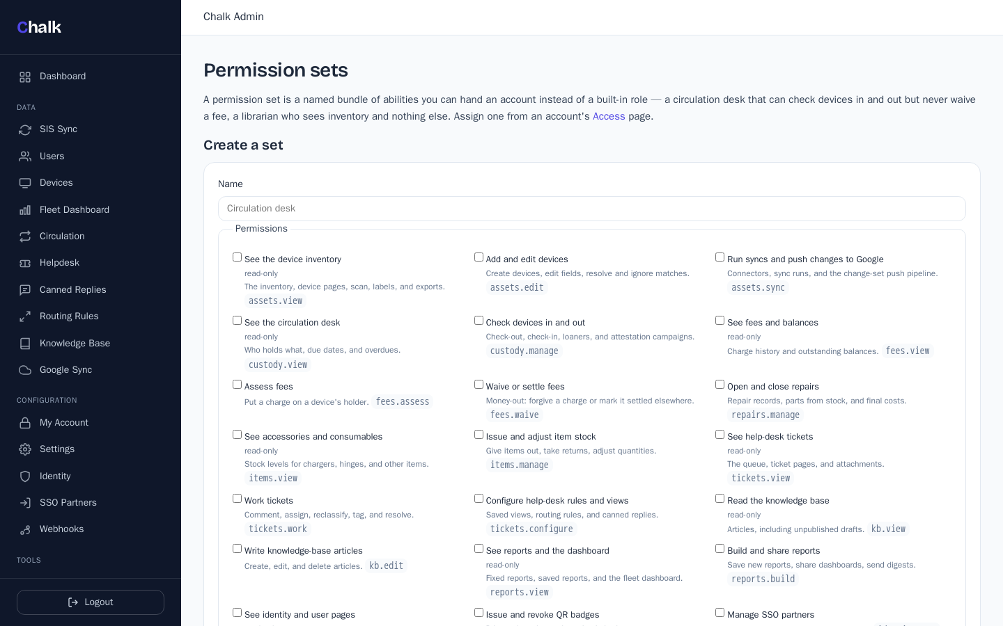 The Chalk permission-sets page: named bundles of granular abilities like assets.view, custody.manage, and fees.waive, composable into custom roles.